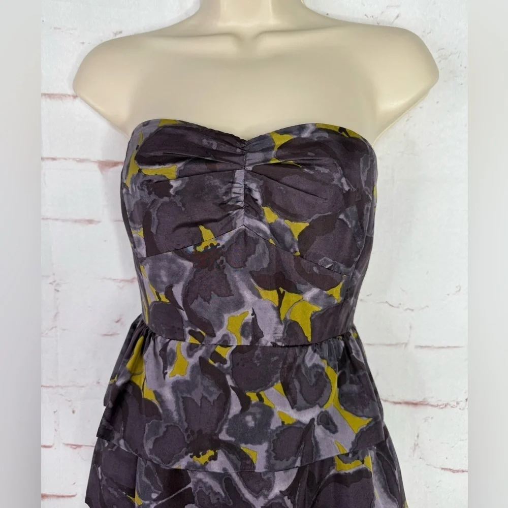 J. CREW 4 Floral Tiered Ruffle Strapless Grey Olive Layered Mini Cocktail Dress - Picture 11 of 14